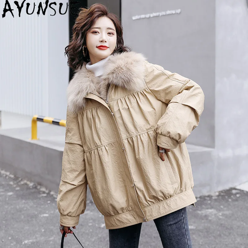 

AYUNSUE Real Leather Jacket Women Sheepskin Coat Female 90% White Duck Down Jackets Fox Fur Collar Winter Parkas Femme Veste