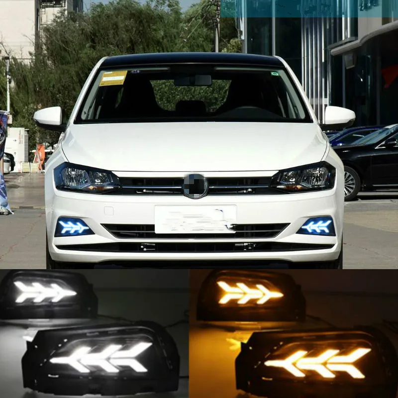 2PCS Car DRL LED Daytime Running Light Fog Lamp Sequential Yellow Turn Signal Function 12V For Volkswagen Polo 2018 2019