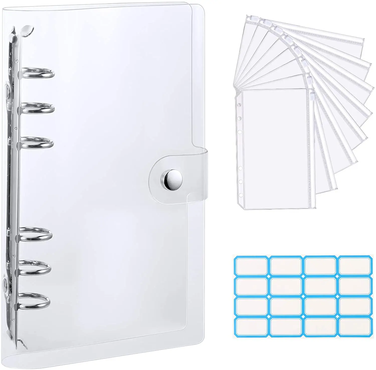 Aasjbofa A6 A7 Size Clear PVC Binder Pockets 6-Ring Loose-Leaf Planner Notebook Refills Storage Bag with Clear Soft Binder Cover