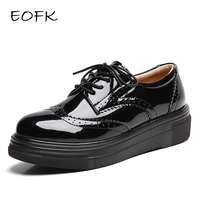 EOFK Women's Patent Leather Brogue Shoes Black Platform Casual Flats Derby Style Varnished Oxfords for Autumn Female Footwear