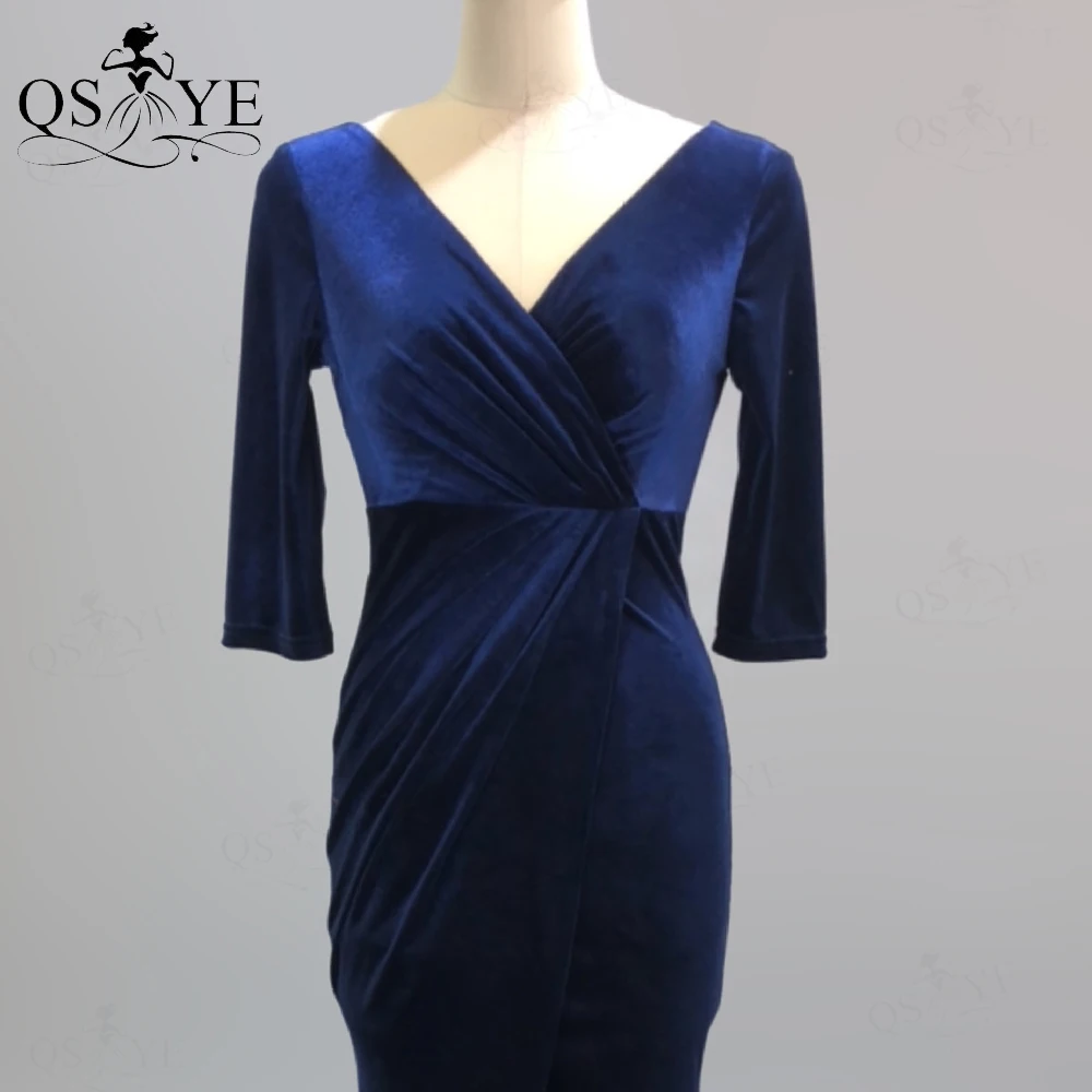 QSYYE Navy Evening Dress Long Sleeves Mermaid Velvet Evening Gown Sexy V Neck Party Dress Ruched Waist Formal Dress Open Back