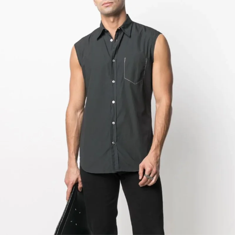 Men's Sleeveless Shirt Spring/Summer New Style Lapel Solid Color Fashion Slim Young Personality Shirt Pocket Vest