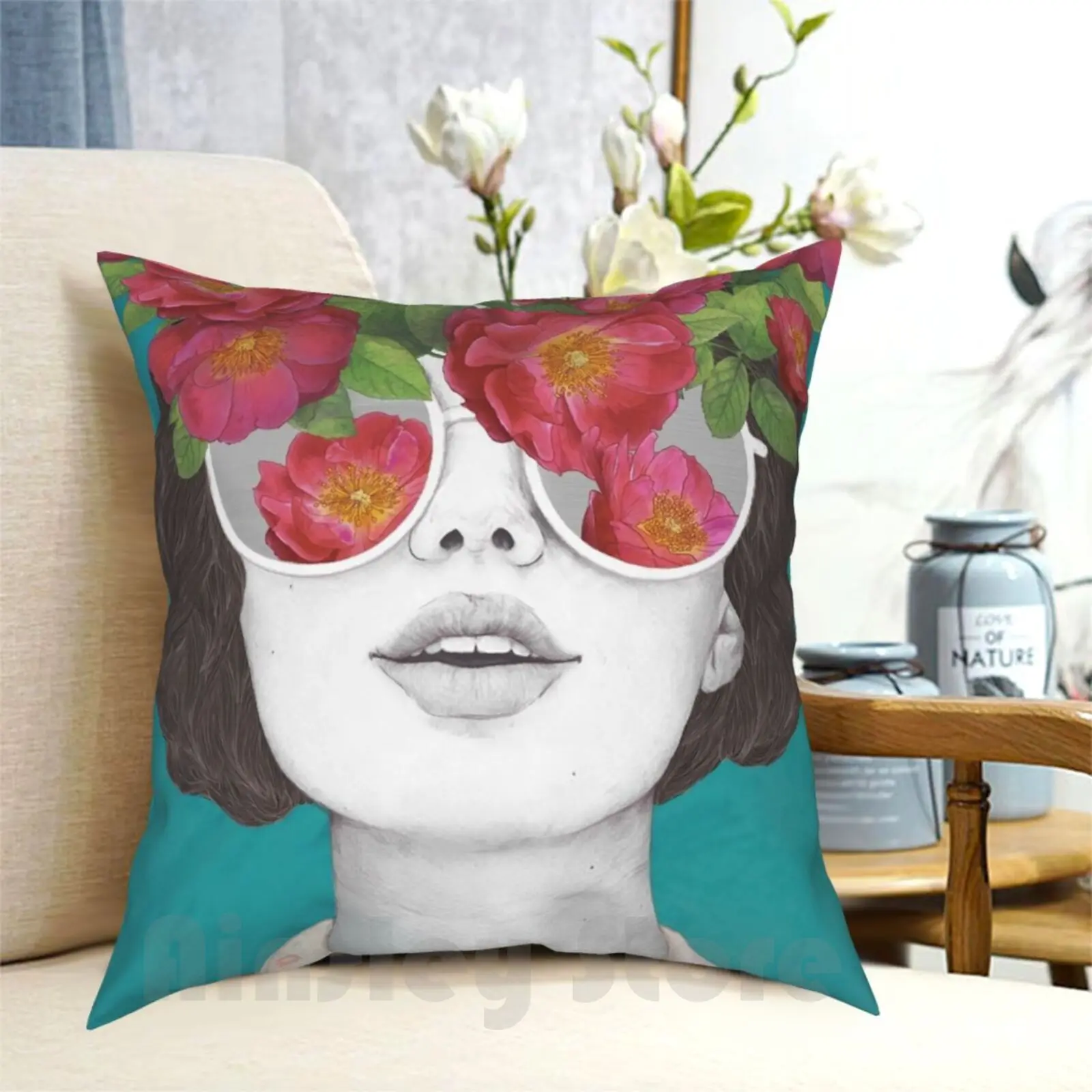 Taie d'oreiller avec lunettes teintées The Optimist//Rose, taie d'oreiller imprimée pour la maison, douce, DIY, pour filles, Roses, fleurs florales, Figure