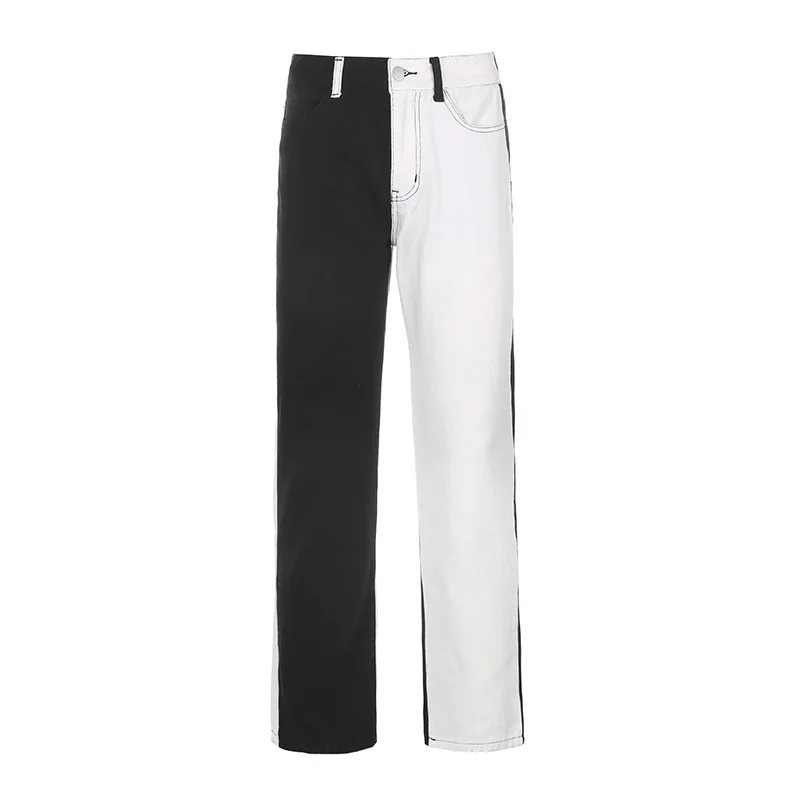 Black White Patchwork Jeans Women Spring 2021 Fashion Contrast Color High Waist Wide Leg Pants Woman Casual Loose Straight Jeans