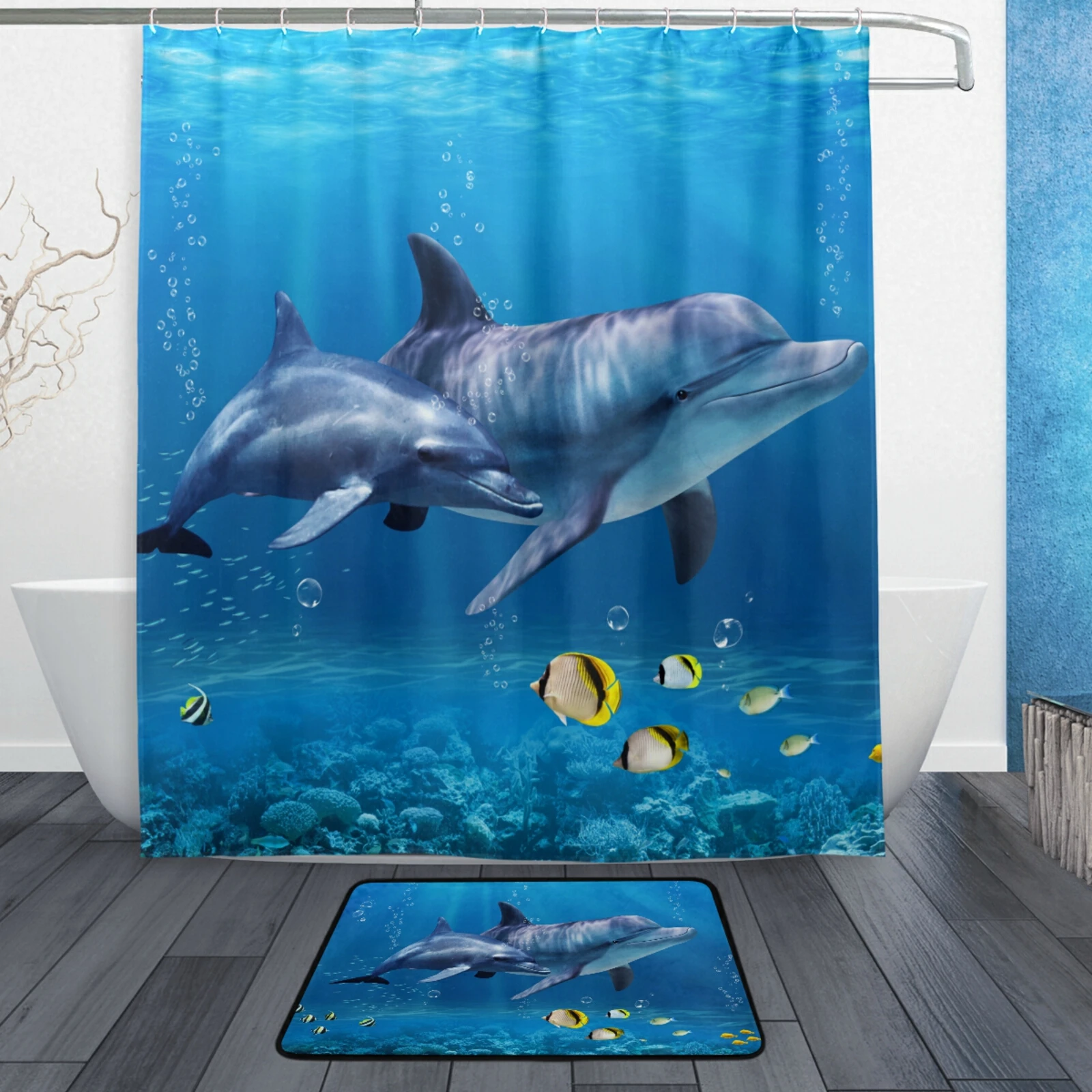 2 Pieces Set Bathroom Supplies Ocean Dolphin Deep Sea Waterproof Polyester Fabric Shower Curtain Non-Slip Bath Mat Carpet Set