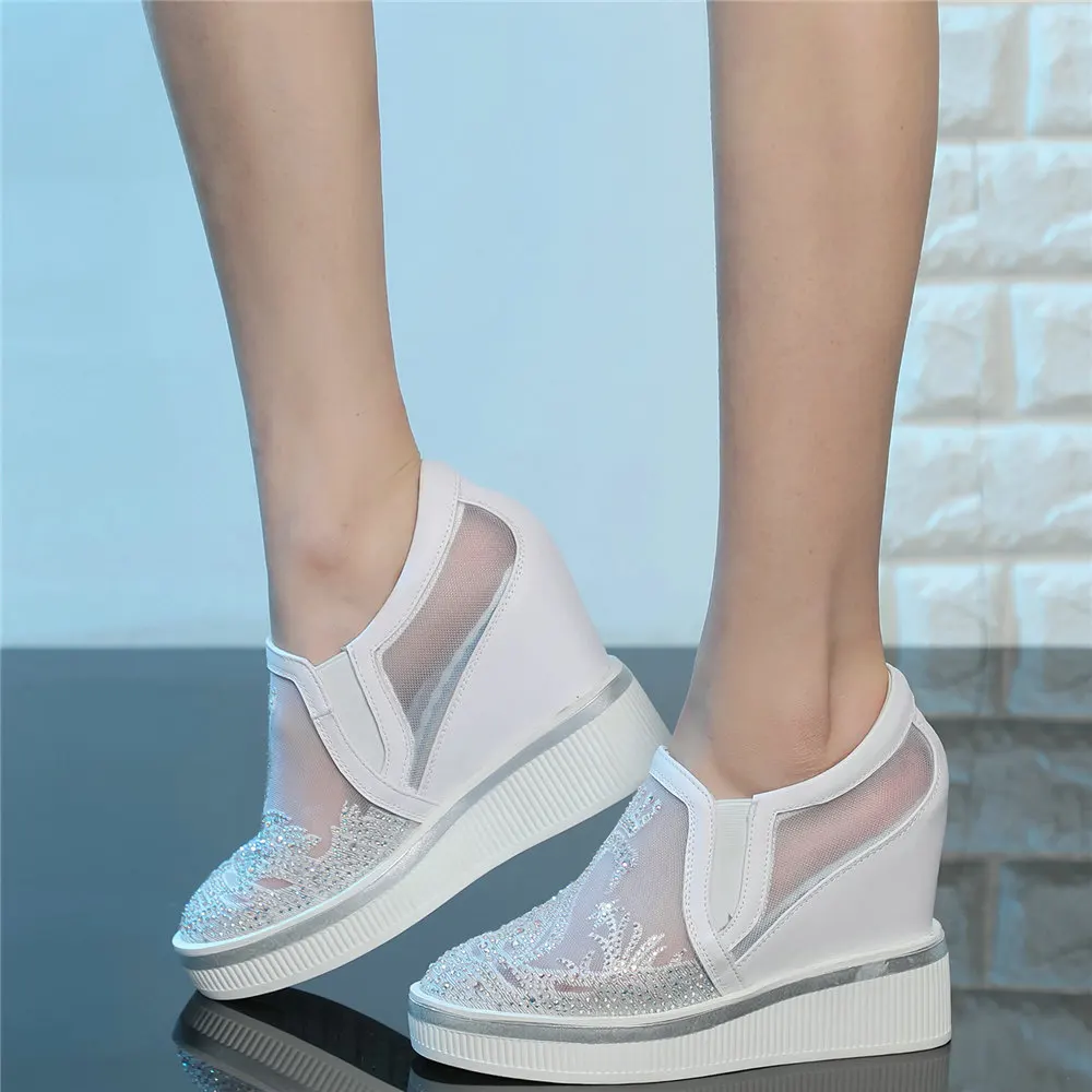 Casual Shoes Women Genuine Leather Wedges High Heel Ankle Boots Female Round Toe Fashion Sneakers Slip On Platform Pumps Shoes