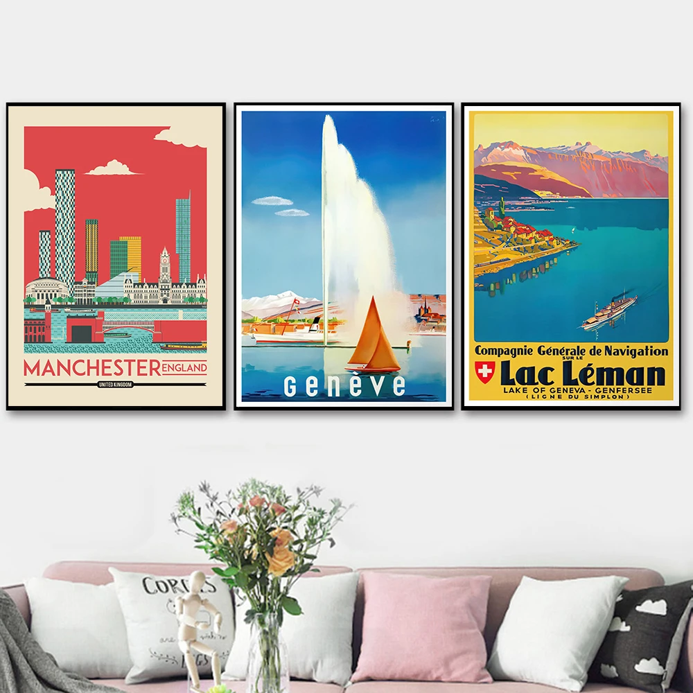 Geneve Switzerland Vintage Travel Poster Manchester Canvas Print San Francisco Posters Sea And Lakes Prints Gift Idea Home Decor