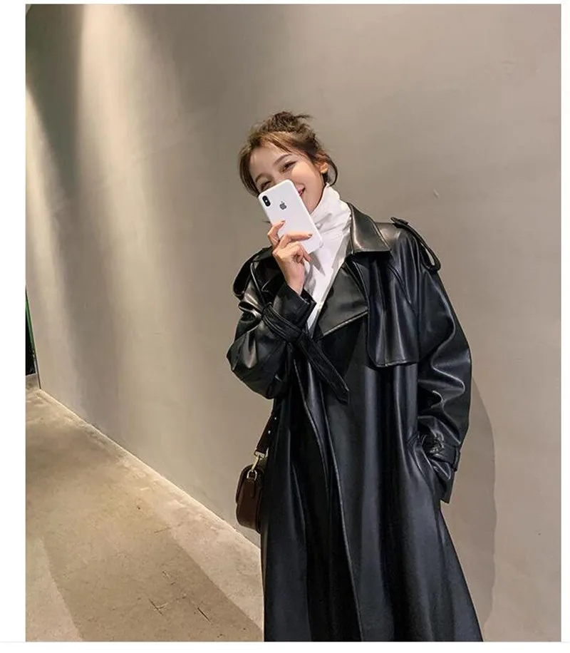Nerazzurri Spring Black Oversized Long Waterproof Leather Trench Coat for Women 2021 Long Sleeve Loose Korean Fashion Clothing