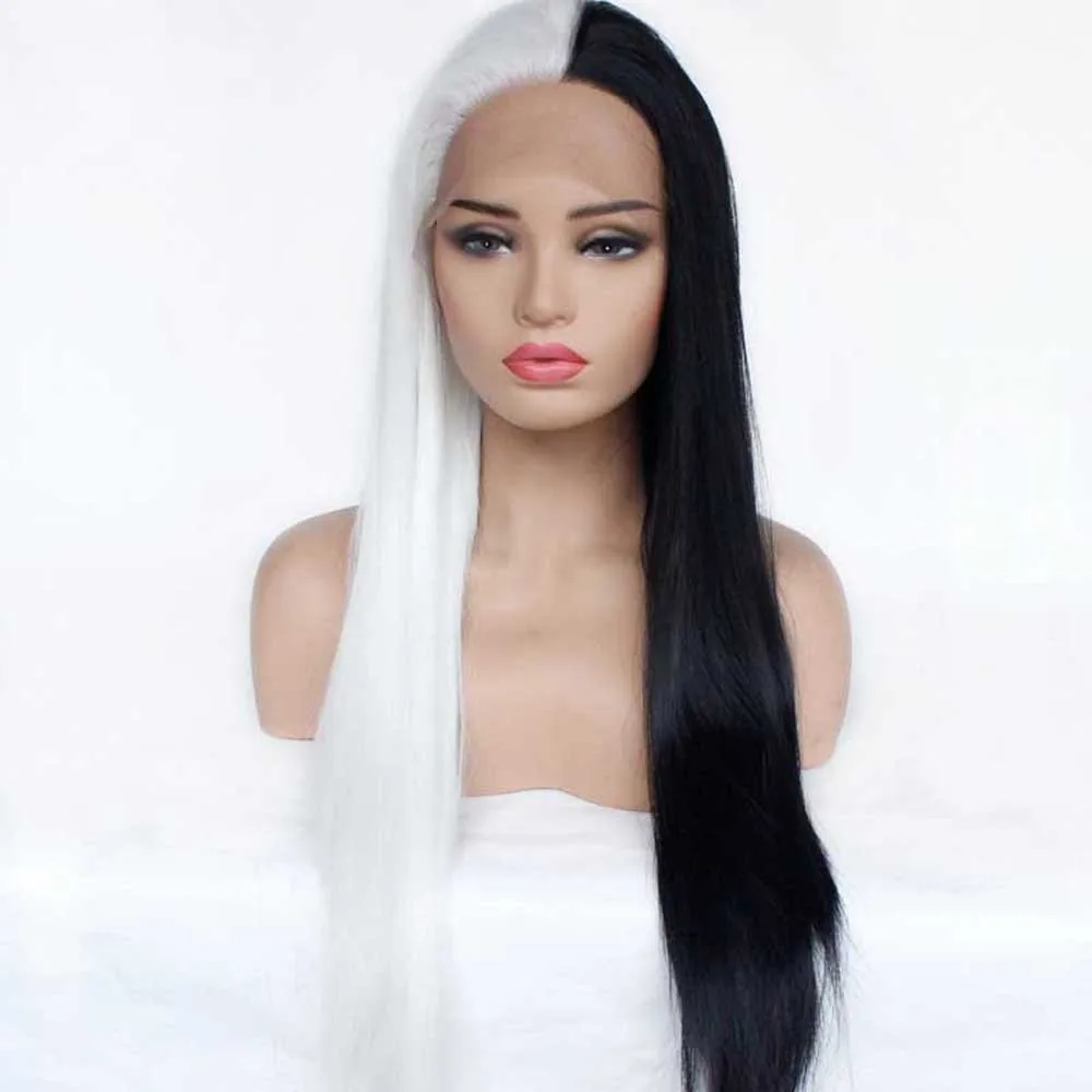 Sylvia Half Black Half White Wig Synthetic Lace Front Wigs For Women Long Body Wave Hair Heat Resistant Fiber Middle Part