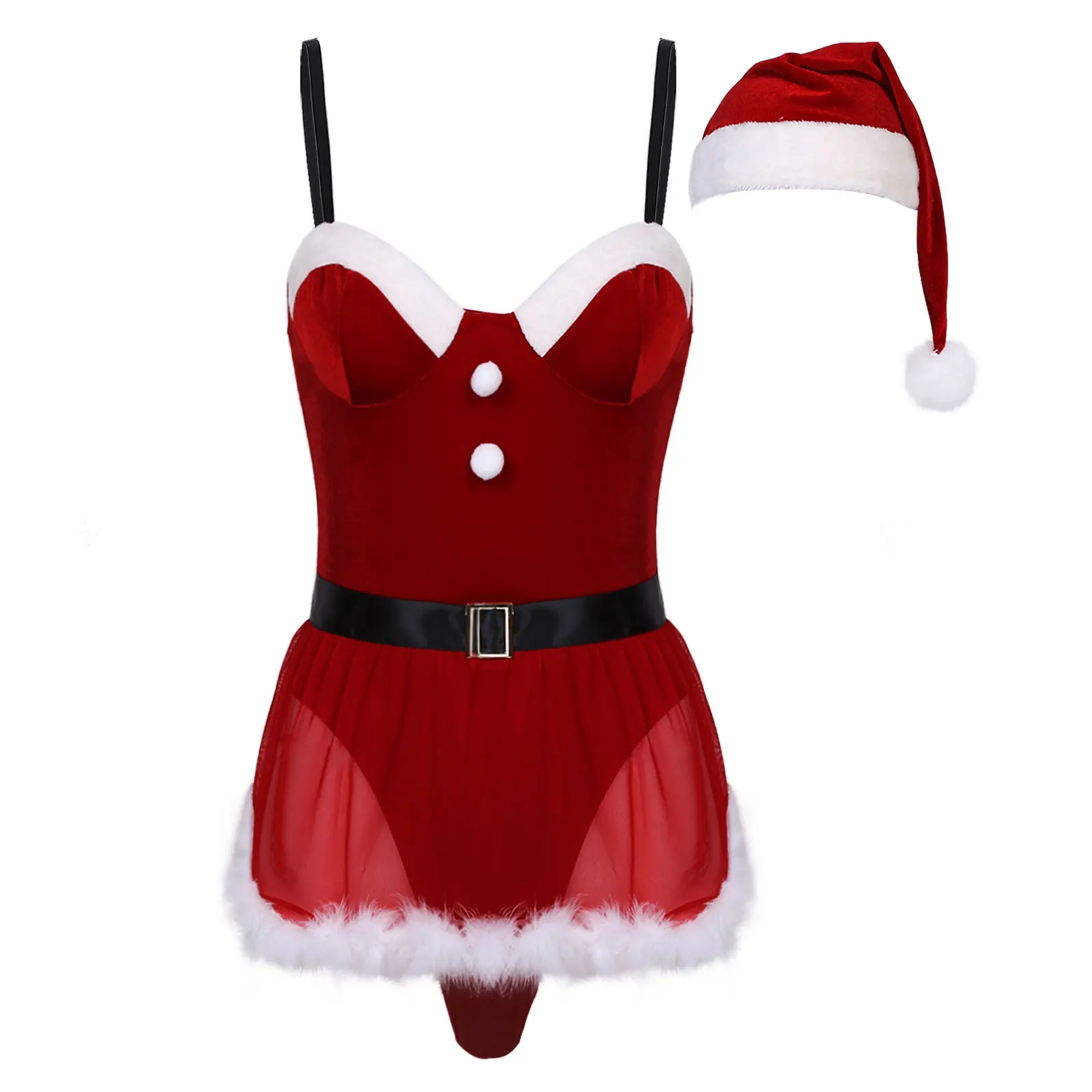 Weihnachten Teddy Dessous Set Santa Claus Cosplay Anzug Weihnachten Urlaub Party Flitter wochen Kostüm Samt Bodycon Bodysuit Schürze Hut