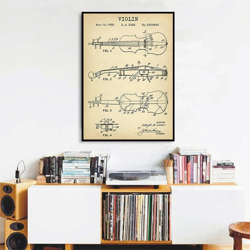 Musical Instrument Violin Blueprint Art Canvas Painting Music Vintage Posters and Prints Musician Gift Music Room Wall Decor