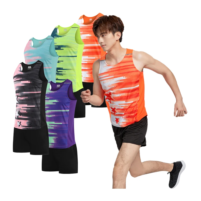 Men Sports Suits Quick Dry Slim Fit Marathon Running Track And Field Tracksuits Fashion Prints Gym Sportswear Vest+Shorts Set