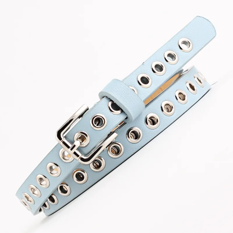 Women Belt Punk Cool Metal Buckle Adjustable Double Eyelet Grommet Leather Fashion Waistband for Jeans Dress Hole Waist Belt