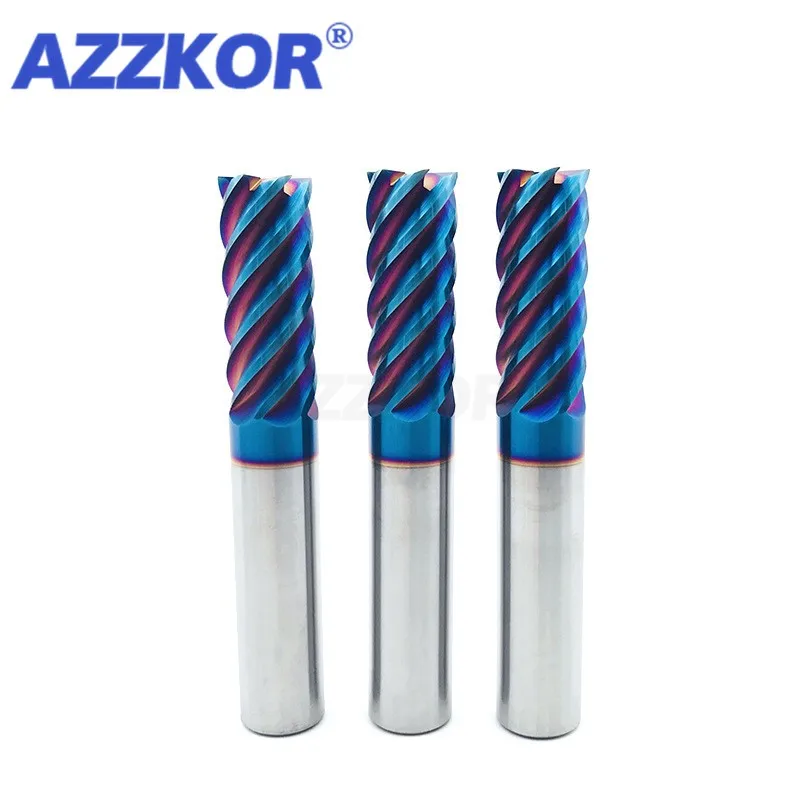 AZZKOR HRC70 6-Flute Tungsten Steel Carbide Blue Nano Coating Flate Milling Cutter CNC Machine Machining Endmill Tools