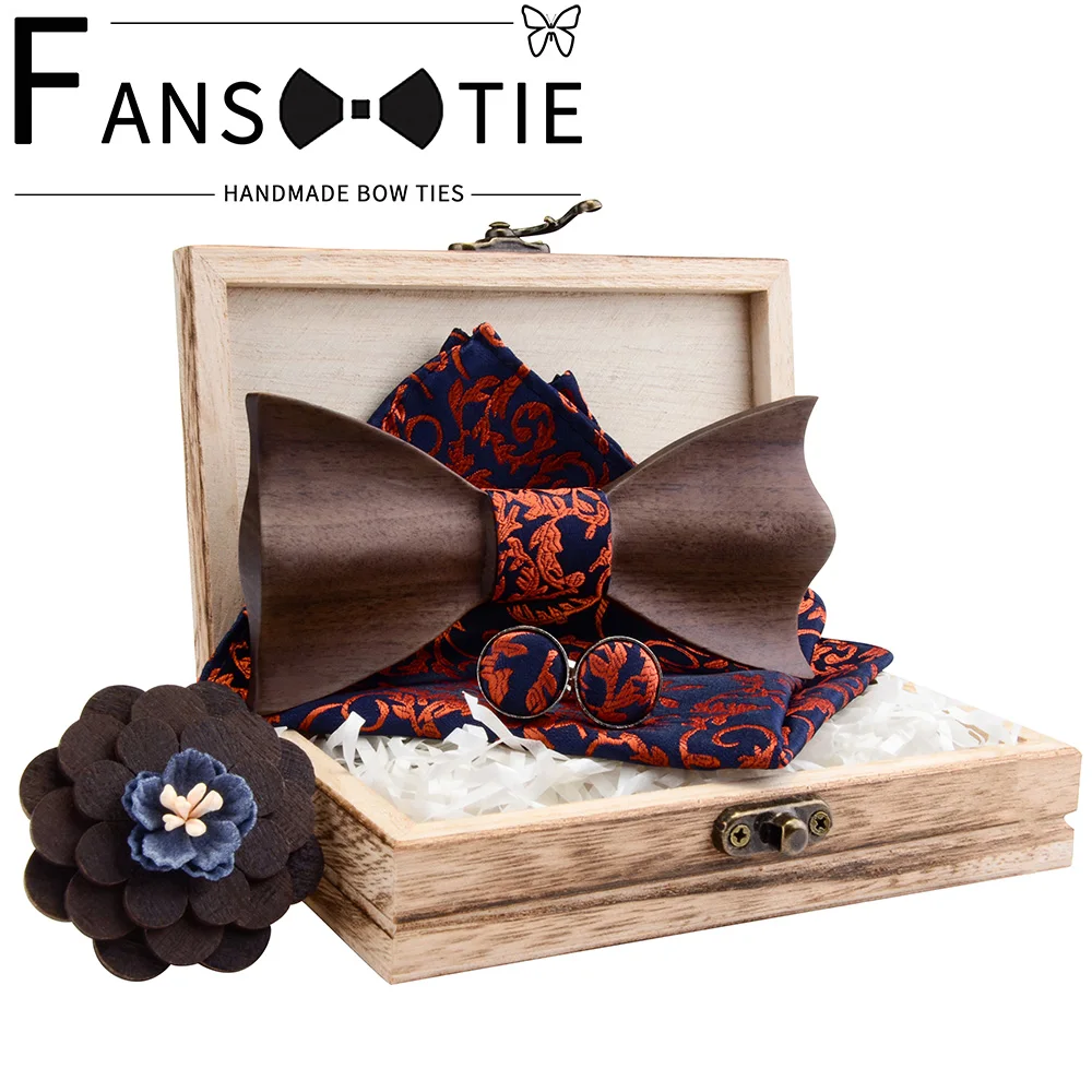 Floral 3D Wooden-Bow Tie Set Pocket Square Brooch For Men 2020 Adjustable Wood Bowtie Handkerchief And Box Fashion Novelty ties