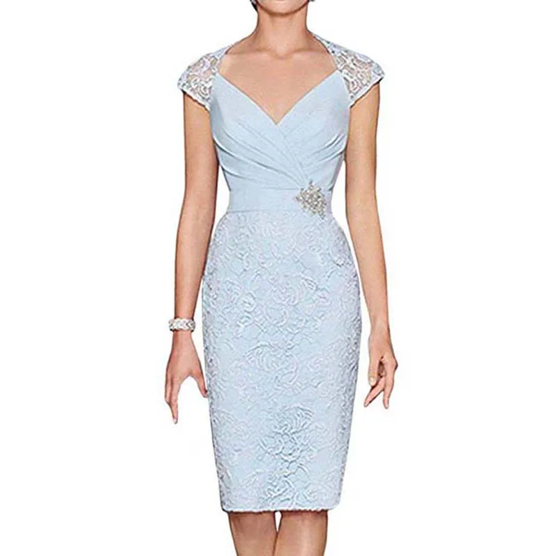 Luce Cielo Blu Del Merletto Breve Madre Abbigliamento Formale Con Wrap Madre di Groom Wedding Guest Dress Madre Della Sposa vestito di Vestito Abiti