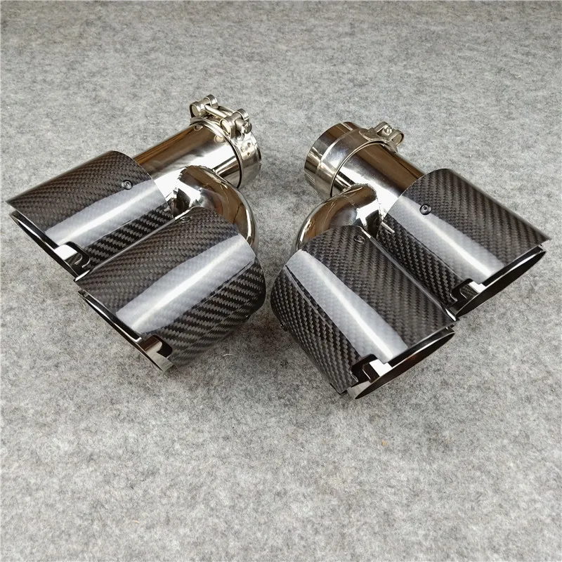 One Pair H Model Exhaust Pipe Muffler Tip Car Universal Carbon Fiber Stainless Steel Rear Nozzles Glossy Black Tailpipes