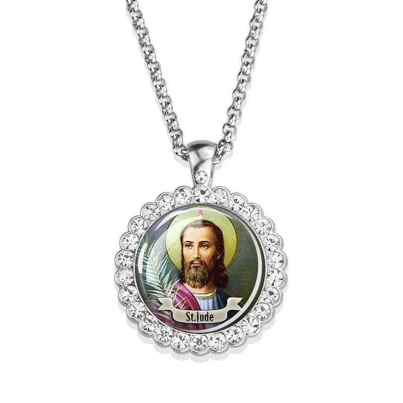12 Christian Saint Necklace Cabochon Glass Rhinestone Pendant St Therese Francis Jude Paul Anthony Necklaces Religious Jewelry