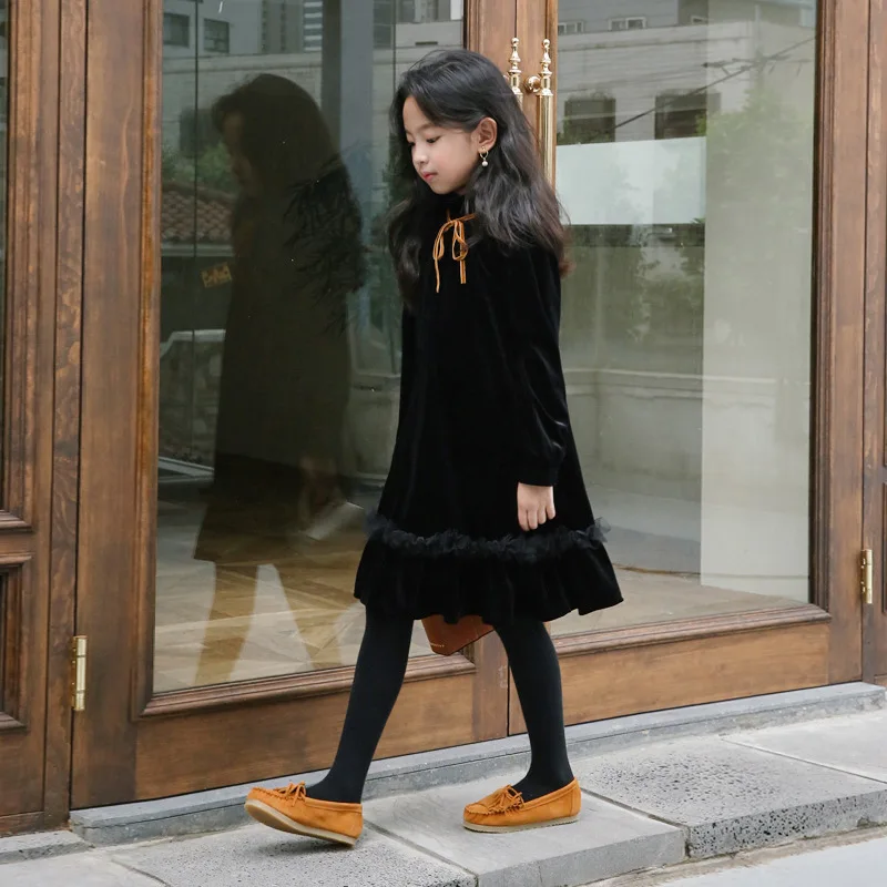 2026 New Autumn Winter Velvet Baby Teen Girls Dress Kids Clothes Children Outfit Long Sleeves Ruffles Casual Dresses Soft Cute