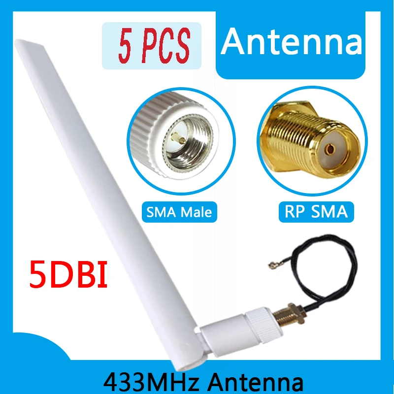 GWS-Antena para Lorawan anteno Módulo IOT, Pigtail Feminino, Cabo de Extensão, 5PCs, 433MHz, 5dBi SMA Macho, 1 SMA Feminino, 21 centímetros