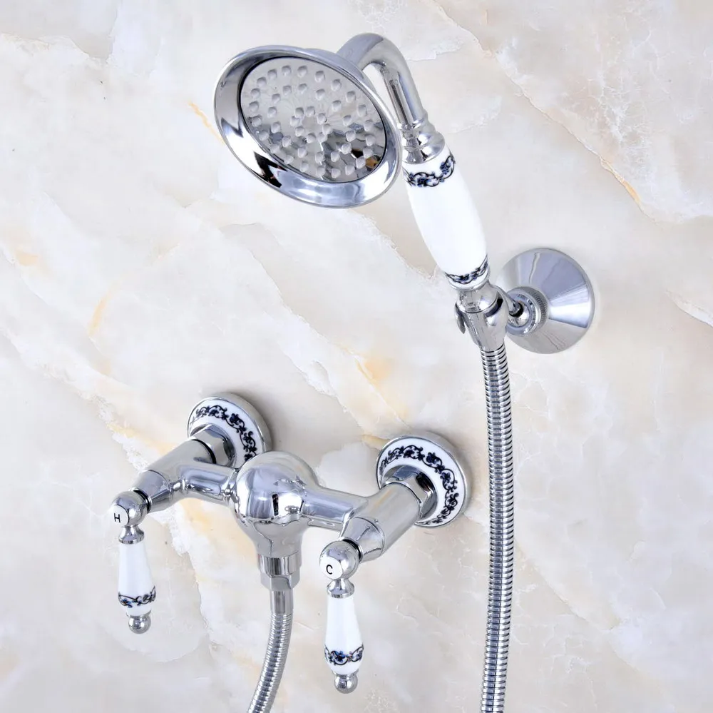 Polished Chrome Brass Wall Mounted Bathroom Hand Held Shower Head Faucet Set Mixer Tap Dual Ceramics Handles Levers mna783