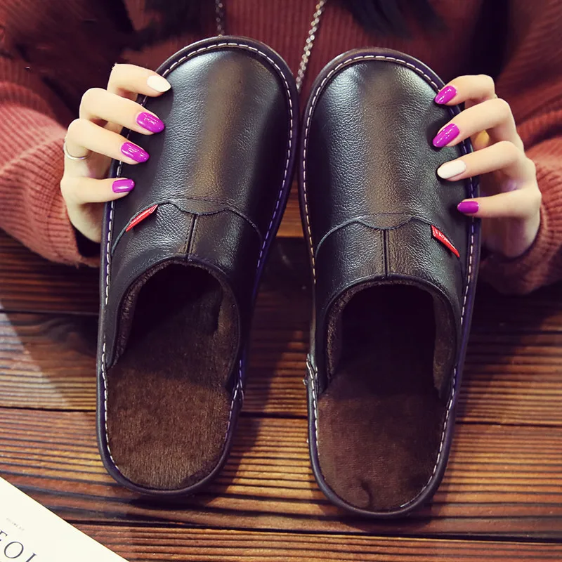 Genuine Leather Couple\'s Winter Indoor Slippers Cow Leather Anti-Slip Men&Women Home Shoes Fashion Casual Shoes TPR Soles 7color