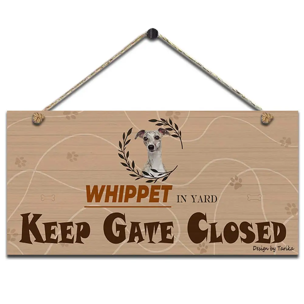 Whippet in Yard Keep Gate Closed Retro Wooden Public Decorative Hanging Sign for Home Door Fence Vintage Wall Plaques Decoration