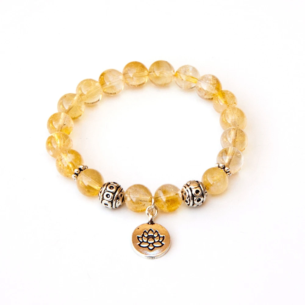 Wholesale Natural 8 mm Citrine Lotus Charm Bracelet Fashion Women`s Yoga Mala Bracelet Love Energy Protection Bracelet