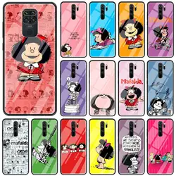 Phone Case For Xiaomi Redmi Note 9S 9 10 8 Pro 8T 7 8A 9A 9C K40 Glass Cover For Xiaomi Poco X3 NFC Shell Mafalda Cute Cartoon