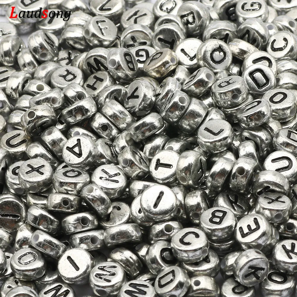 Wholesale Silver Color Mixed Letter Acrylic Beads Round Flat Alphabet Beads For Jewelry Making Handmade Diy Bracelet Necklace