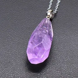 KFT Natural Healing Crystal Quartz Stone Pendant Amethysts Rose Pink Quartz Clear Crystal Faceted Reiki Stone Pendant Necklace