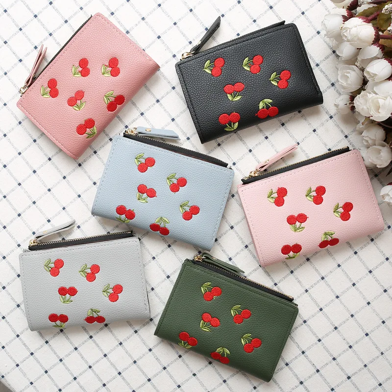 Women Girls Fashion Short Wallets Cherry Embroidery Female Multi-Card Position Coin Purses Small Credit Bank Cards Holders Bag