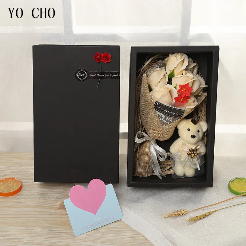 YO CHO 7pcs Scented Soap RoseFlower Petal Bear in Gift Box For Valentines Wedding Valentines Mothers Day Gifts Rose Soap Flower
