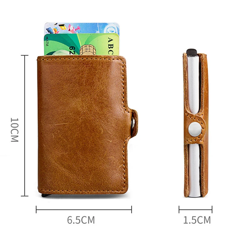 Genuine Cow Leather Men Credit Card Holder Automatic Aluminum Mini Card Wallet With Back Pocket ID Card RFID Blocking Purse Hot