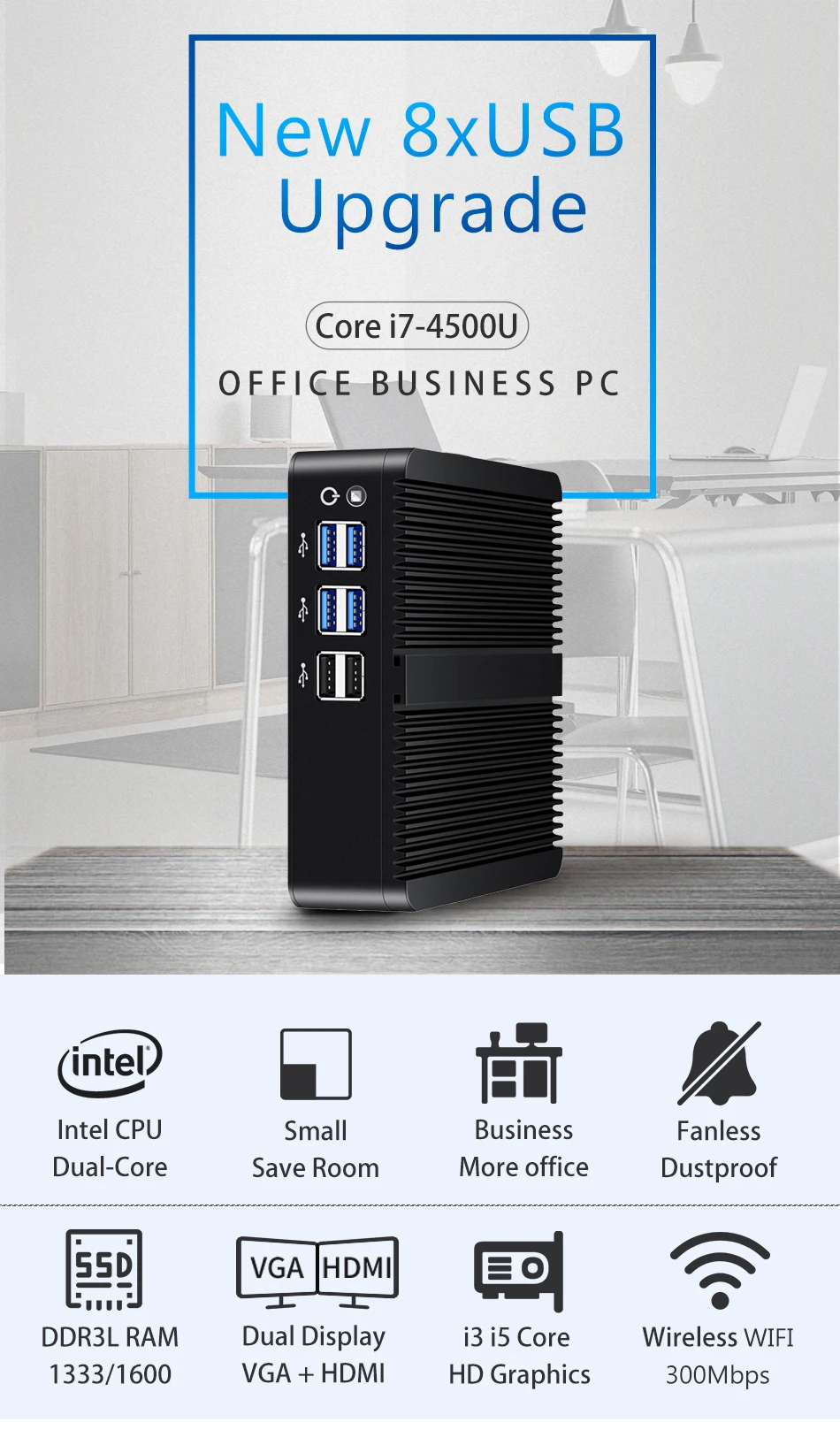 Intel Core I7-4500U I5-4200U Fanless Mini PC with 4xUSB3.0 4xUSB2.0 1xHDMI 1xVGA Support Linux Ubuntu Computer Win10Pro Ready