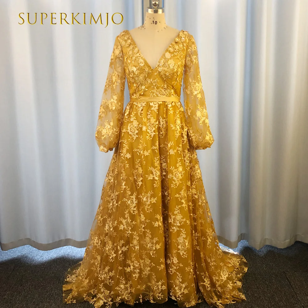 SuperKimJo Robe De Soiree Femme Golden Sparkly Tulle Prom Dresses 2021 Lace Applique Elegant Dubai Prom Gown 2022 Abendkleider