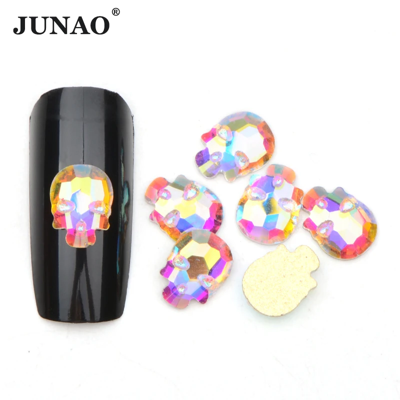 JUNAO 50pc 6X8mm Skull Glass AB Rhinestone Flat Back Glass Stones Nail Crystal Sticker Non Hotfix Diamond Strass