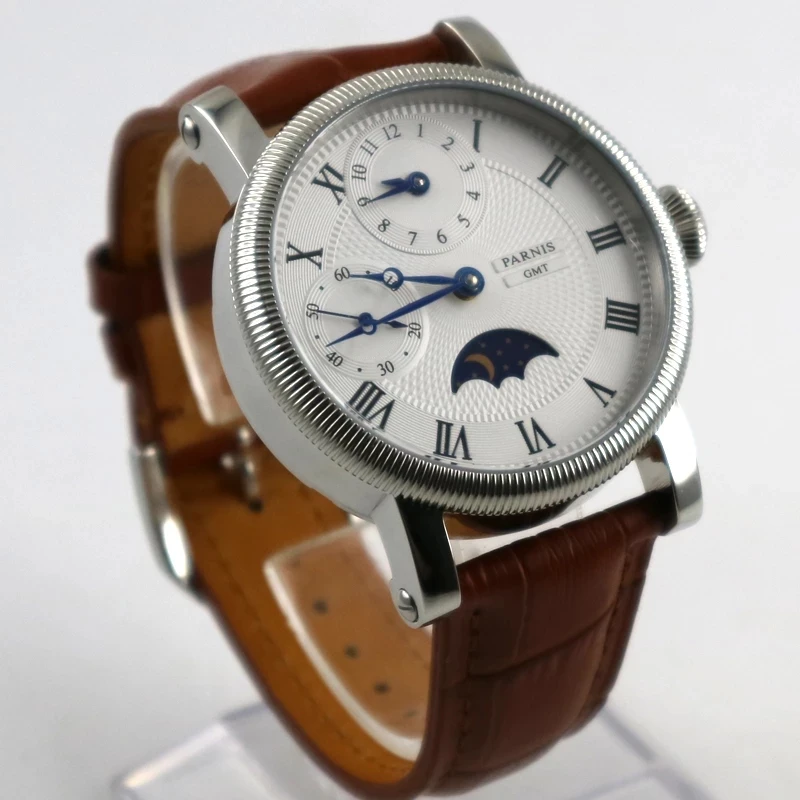 Fashion 43mm Parnis White Dial Blue Hands Leather Strap GMT Moon Phase Mechanical Hand Wind Men\'s Watch Top Luxury Brand Gift