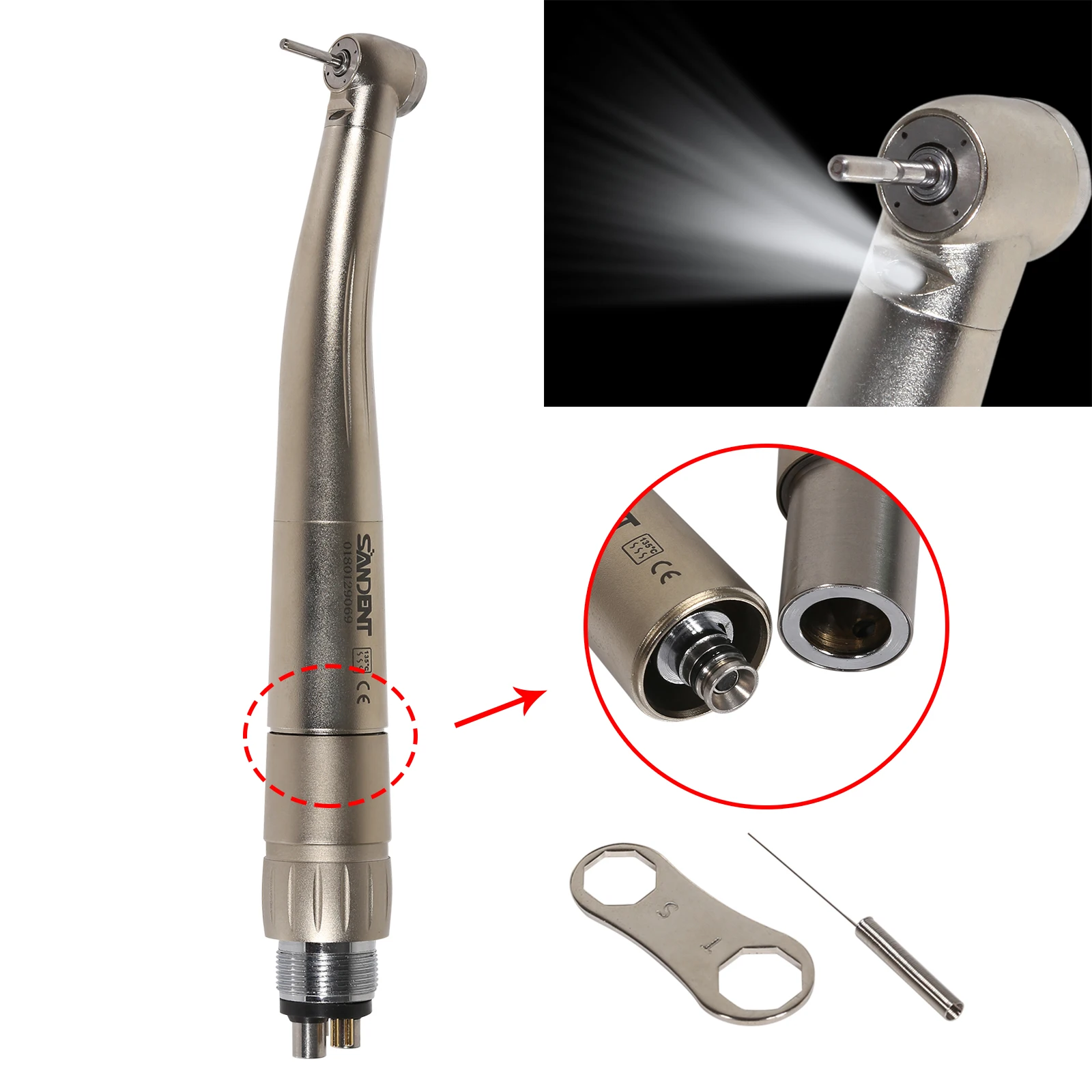 

Dental Fiber Optic LED Hand piece 6 hole turbine 4water spray with 6 PIn Quick Coupler Push Button NSK for Φ1.595-Φ1.600 Bur