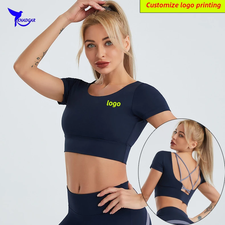 

Custom LOGO Crossback Padded Yoga Crop Tops Women Backless Sports Fitness Gym Push Up Bra Running Shirts Short Sleeve Sportswear