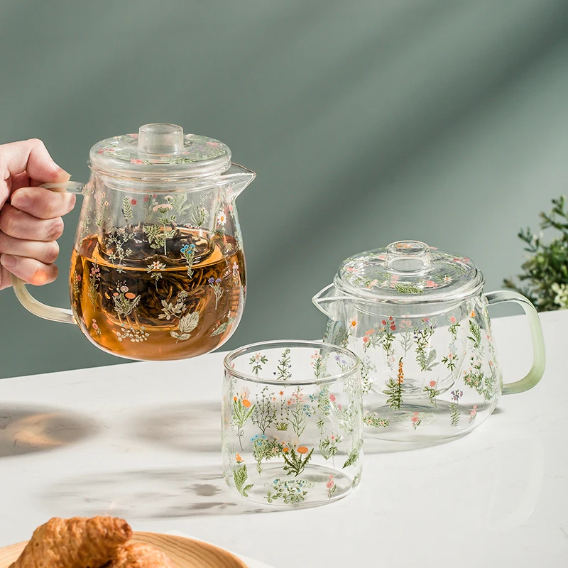 Ins Popular Tea Cup Teapot Set Floral Printed Home Office Use Glass Drinkware Sets Japan Simple Style