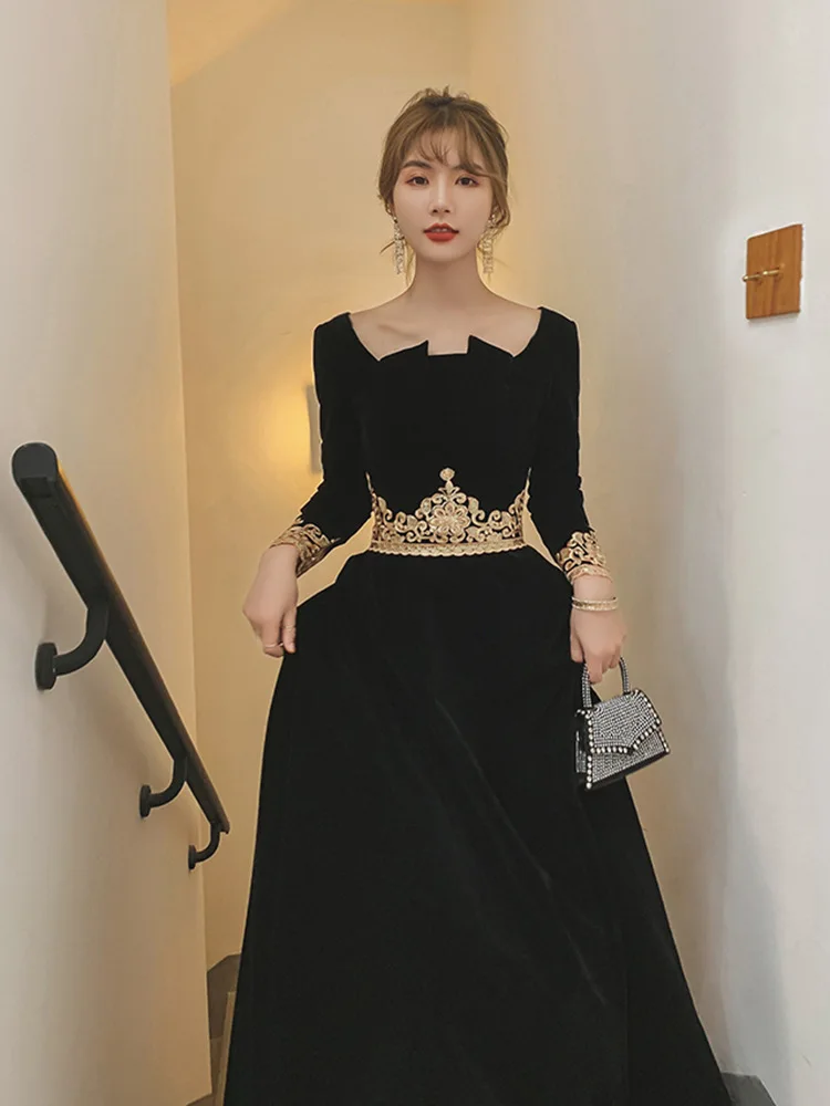 Women's Banquet Dress Square Collar Sashes Sequined Elegant Party Gowns Floor-Length Full Sleeve Appliques Formal Prom Dresses