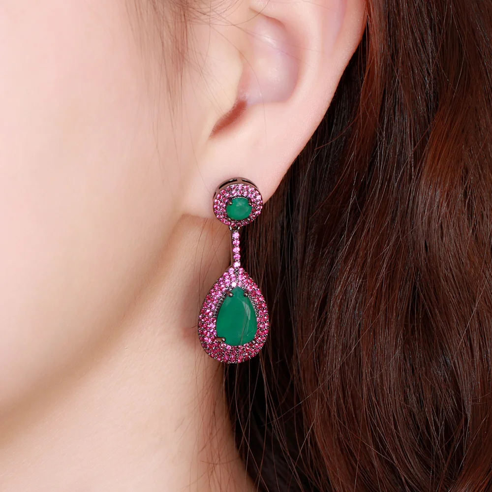 CWWZircons Elegant Micro Pave Hot Pink Cubic Zirconia Green Dangle Water Drop Engagement Party Earrings for Women Jewelry CZ868