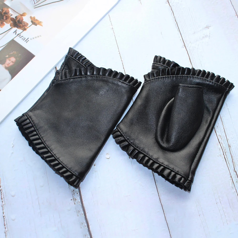 Guantes negros de piel de oveja auténtica para mujer, de alta calidad, para conducción al aire libre, para primavera y otoño, nueva moda