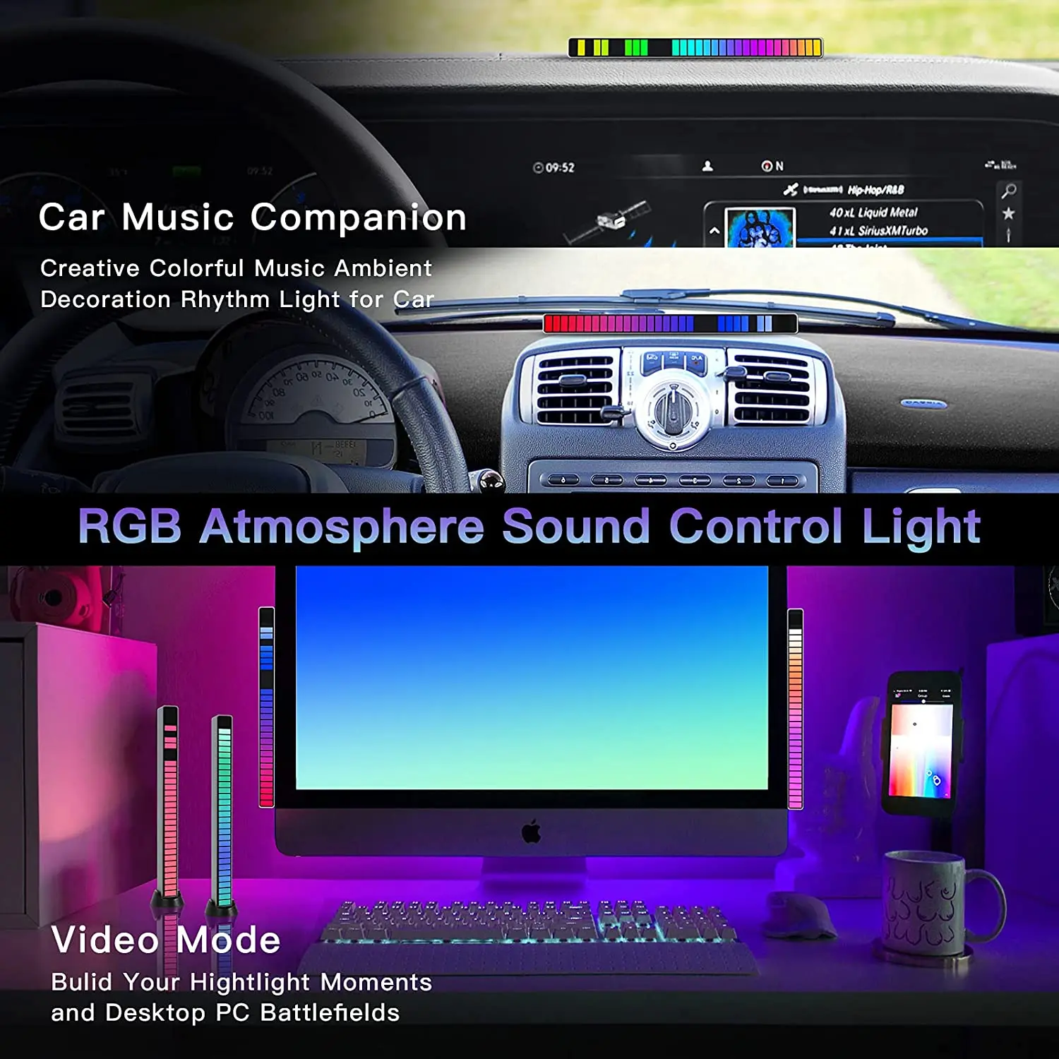 Rechargeable LED Strip Light Sound Control Pickup Rhythm Music Desktop Atmosphere RGB Light Bar Colorful Lamp for Car Decoration