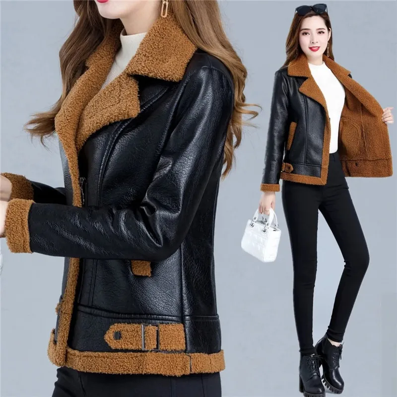 Add Velvet Add Thick Women\'s Leather Coat 2021 Winter New PU Skin Hair One Body Short Imitate Sheep Lamb Hair Ladies jacket