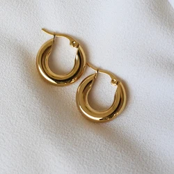 Tarnish Free 316L Stainless Steel Shiny Polish Chunky Hoop Earrings for Women Ladies Minimalist Circle Gold Plated Earring