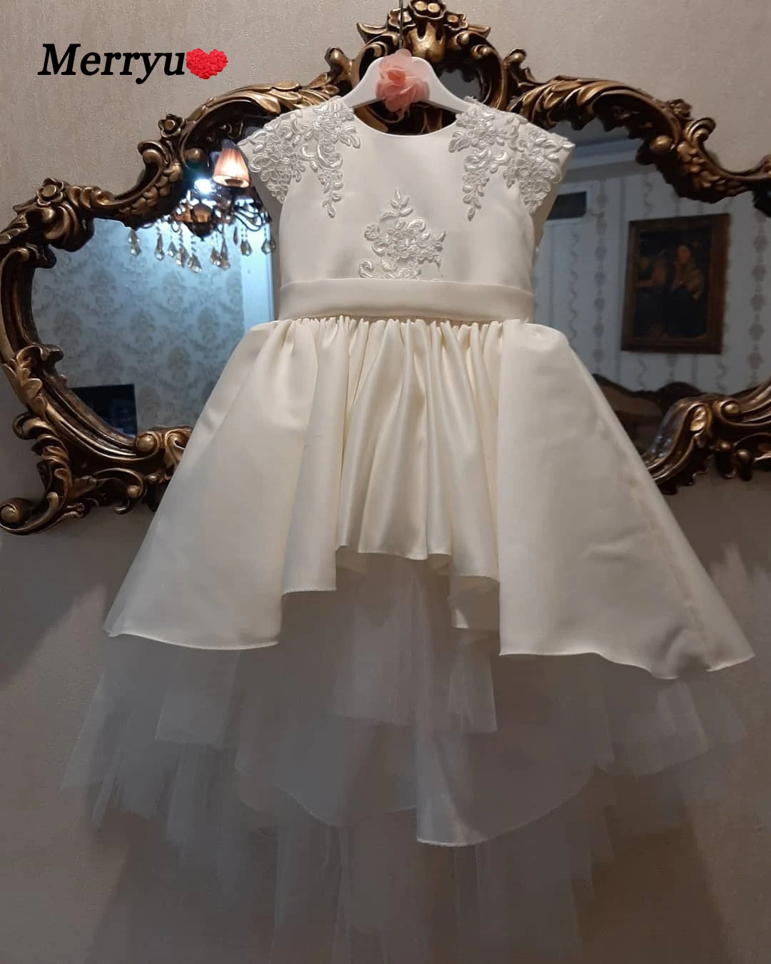 Princess Party children's Dress  Detachable Bowknot  Girl Flower Elegant Tulle Satin Toddler Kids Gown