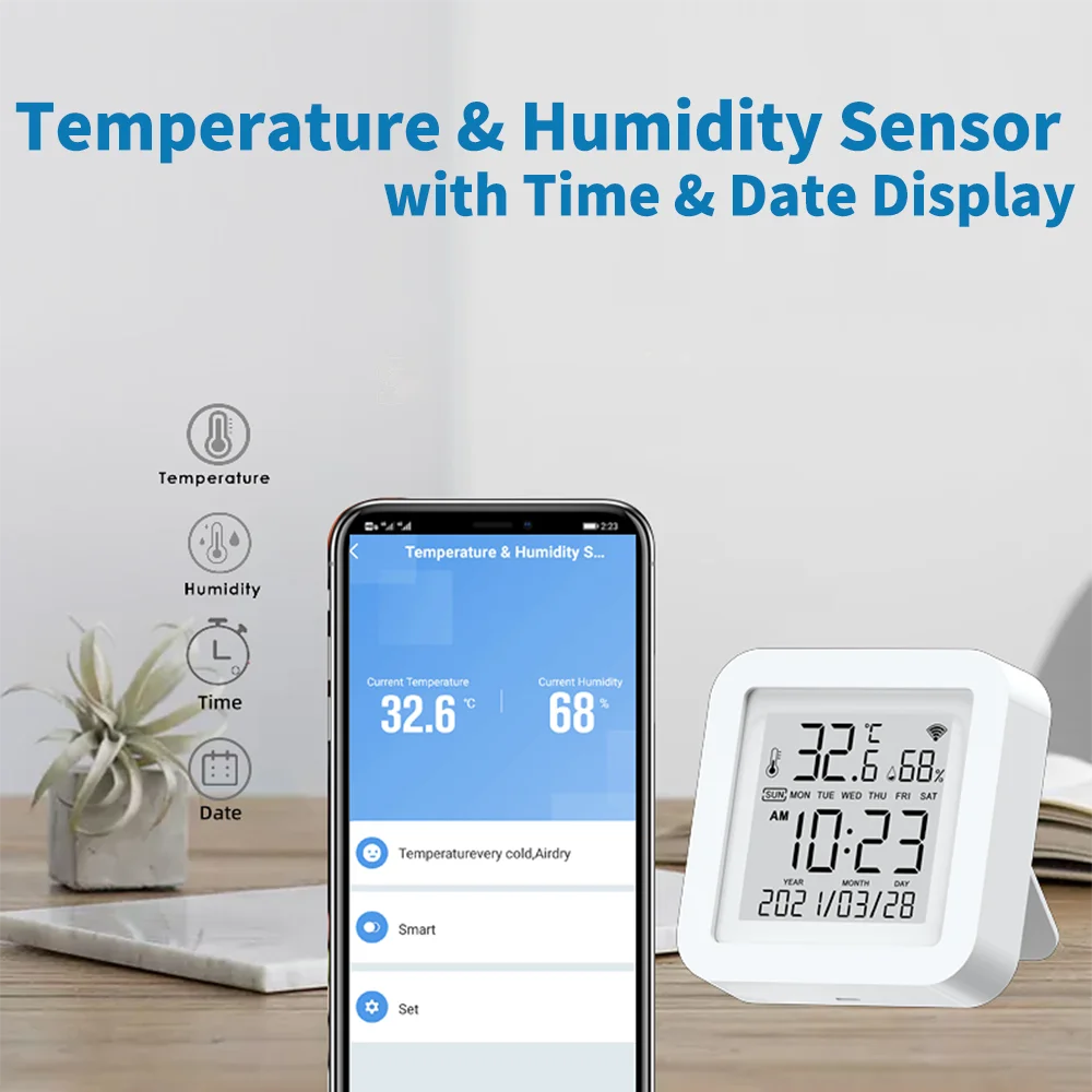 Sensor de temperatura y humedad para interiores, higrómetro, termómetro con pantalla LCD de fecha, Smart Home, Tuya, WIFI, Alexa y Google Home