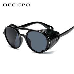 OEC CPO New Men Steampunk Sunglasses For Men Leather Punk Round Sunglasses Women Vintage Shades High Quality UV400 O74